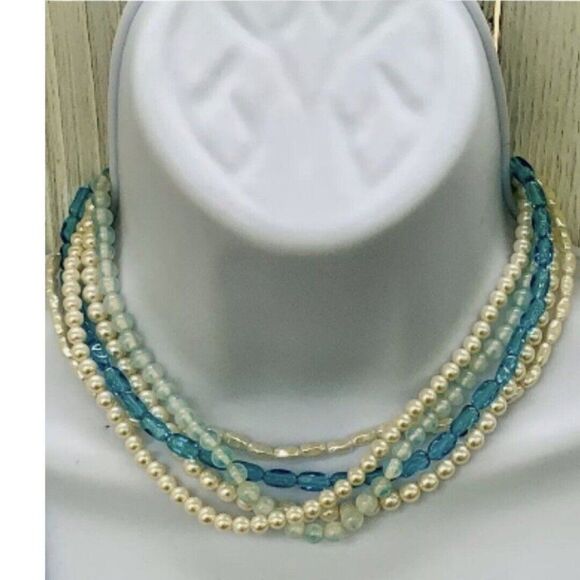 Womens Blue Tan Beaded Faux Pearl 5 Tier Silver Princess Vintage Necklace 18” - Picture 3 of 8